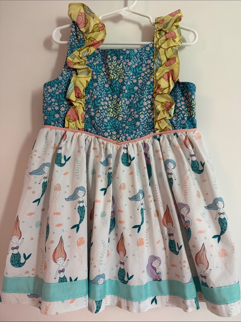 Wildflowers Girls' Mermaid Print Ruffle Dress in Teal, White & Yellow